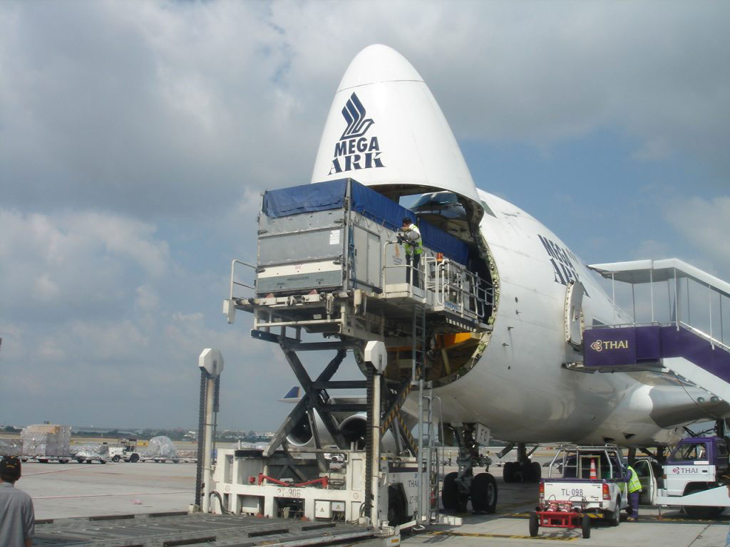 Animals in metal crates being loaded on plane.